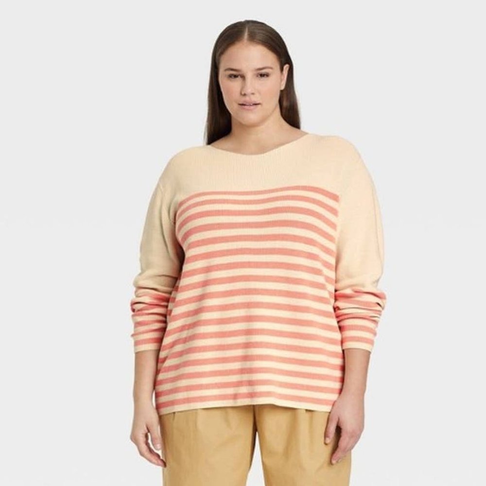 Women's Boat Neck Pullover Sweater Cream Coral Striped - Who What Wear XXL 18